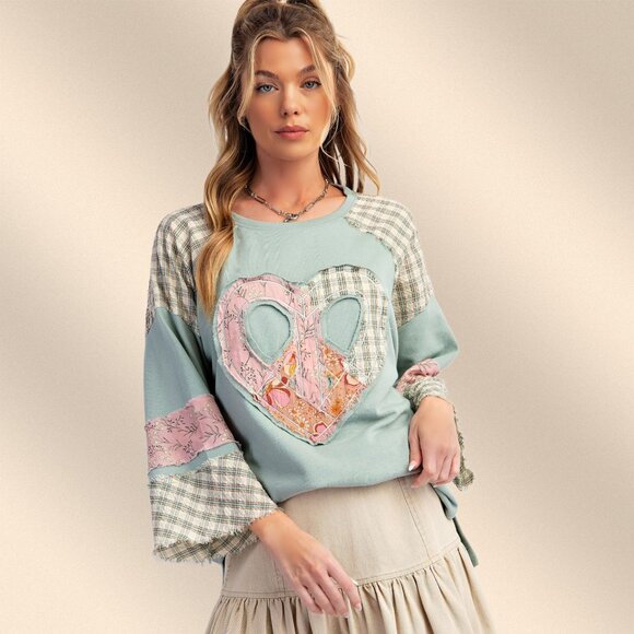 EASEL "Full Heart" Cotton Terry Mix Fabric & Print Embroidered Raw Frayed Edges - Picture 10 of 14